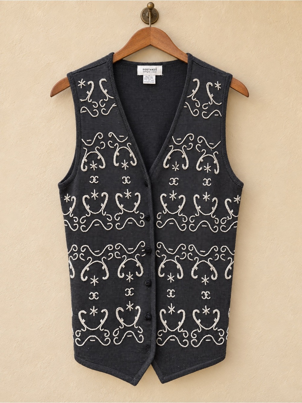 Sustainable Artsy Embroidered Charcoal Men's Cardigan Vest